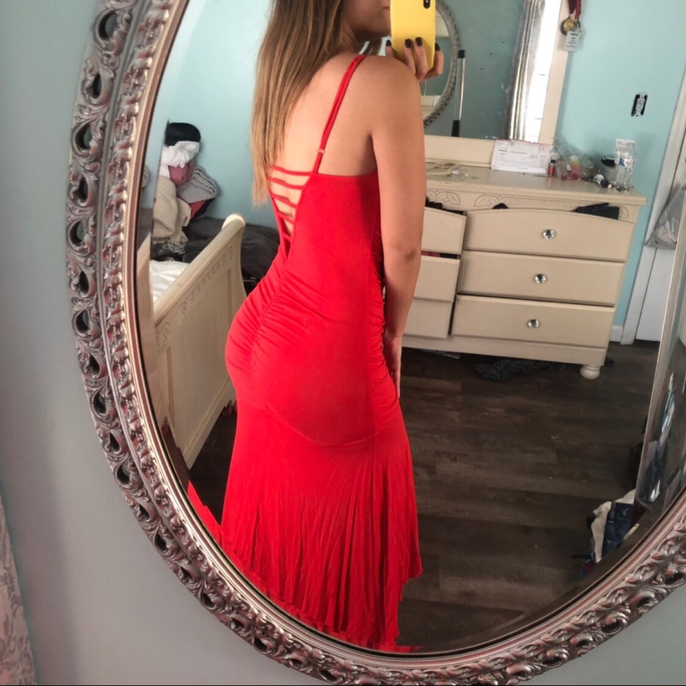 Red Ruched Maxi Dress - Picture 2 of 4